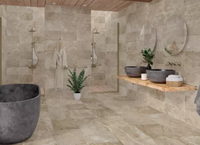 Carrelages effet pierre de salle de bain avec douche à l'italienne et meuble double vasque